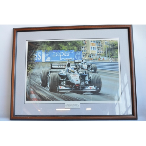 153 - Collection of mostly David Coulthard related prints and books to include 'Victory At Monaco' framed ... 