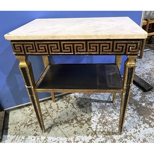 427 - Regency Revival lamp table, marble top with Greek key frieze on square tapered supports, W53cm D33cm... 