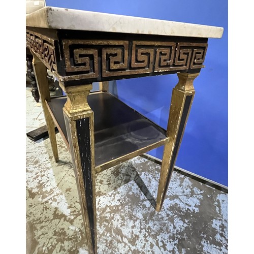 427 - Regency Revival lamp table, marble top with Greek key frieze on square tapered supports, W53cm D33cm... 