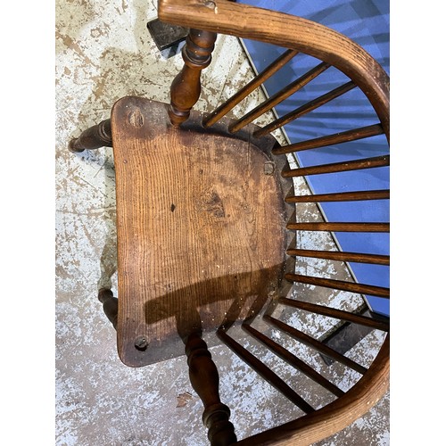 435 - C19th ash and elm stick back Windsor arm chair, on turned supports with stretchers