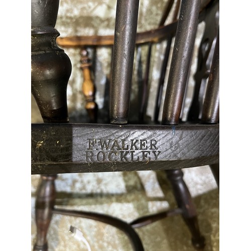 439 - Early C20th ash and elm slat back Windsor chair, seat stamped W.O. on turned supports with twin stre... 