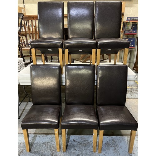 441 - Set of six brown leather upholstered high back dining chairs on beech legs (6)