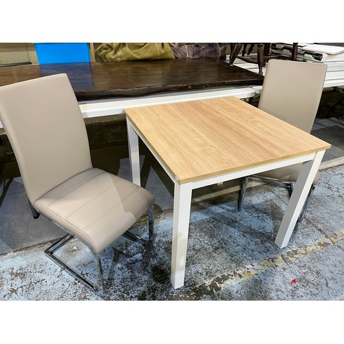 445 - Modern oak finish kitchen table on white legs and a pair of chrome framed high back chairs, 80cm x 8... 