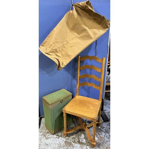 446 - Golden oak ladder back hall chair, green Lusty Lloyd Loom linen basket and a Seamans canvas kit bag ... 