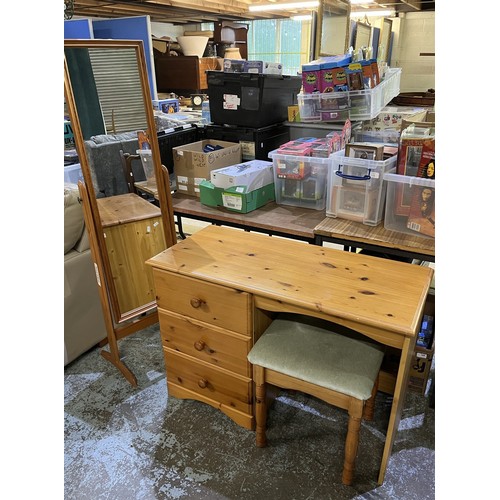 447 - Pine three drawer dressing table with stool and a pine dressing mirror (3)