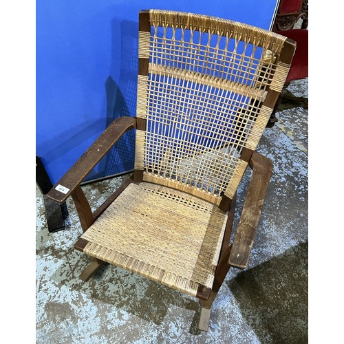 574 - Mid-Century Danish teak rocking chair with woven seat and back, marked JK, stamped Made in Denmark, ... 