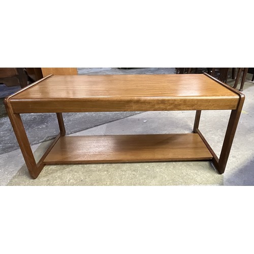 575 - Mid-Century teak rectangular coffee table, on open end supports with stretcher, W96cm D43cm H 43cm