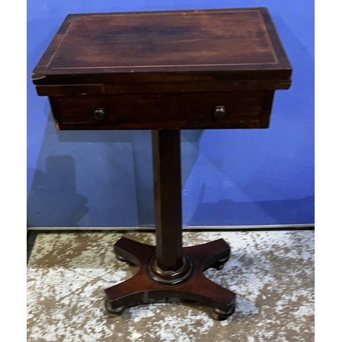 594 - William 1V boxwood strung rosewood pedestal games table, swivel folding top inlaid for chess and bac... 