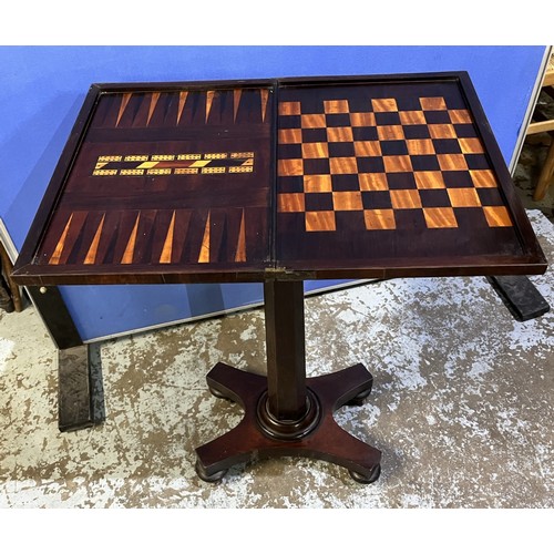 594 - William 1V boxwood strung rosewood pedestal games table, swivel folding top inlaid for chess and bac... 