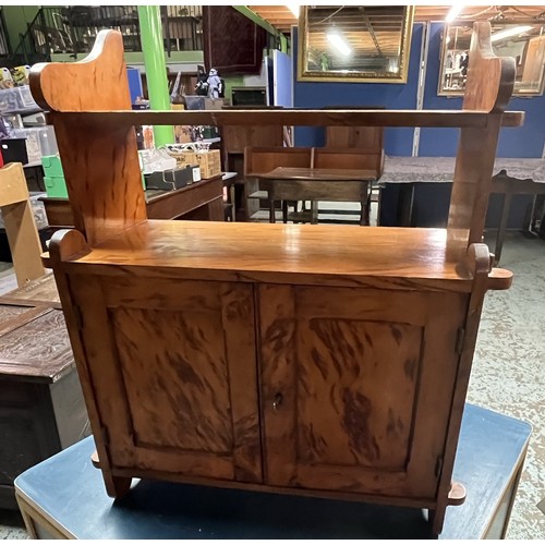 597 - C20th figured pine wall cupboard, with open shelf above two panel doors, W45cm D22cm H58cm