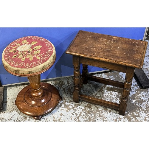 602 - Victorian stool with swivel woolwork circular seat and an oak  joint type stool (2)