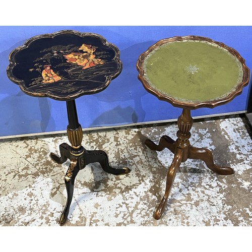 603 - C20th black Chinoiserie decorated tripod wine table, and a walnut tripod wine table, H54cm (2)