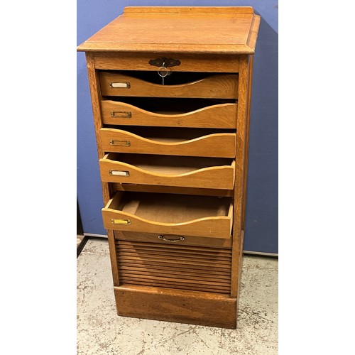 604 - C20th Wm. Richardson of Leeds oak office filing cabinet, tambour front with nine drawers with brass ... 