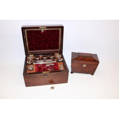 162 - C19th mahogany fitted travelling vanity box with fitted interior, L30cm; and a mahogany sarcophagus ... 