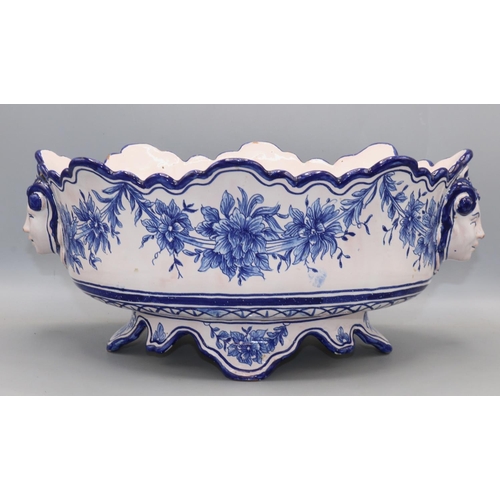 164 - Continental Faience blue and white footed jardiniere of oval form, L31cm, A/F