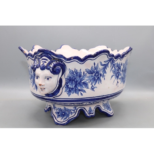 164 - Continental Faience blue and white footed jardiniere of oval form, L31cm, A/F