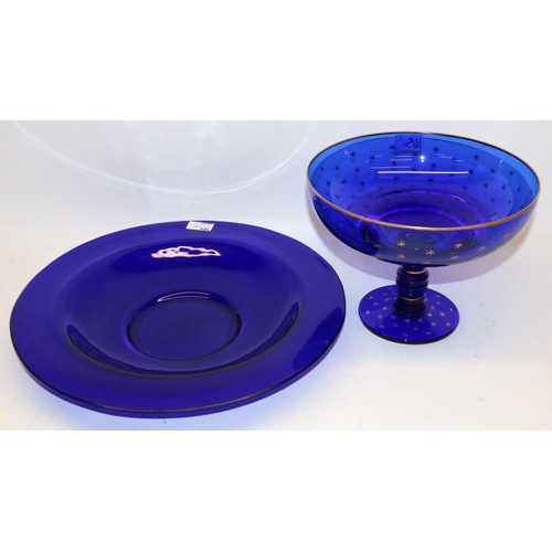 165 - Cobalt blue glass tazza with gilt decoration, H20.5cm, and a similar dish, D42cm (2)