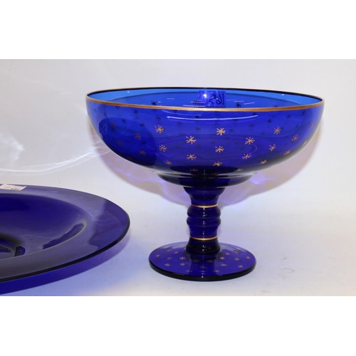 165 - Cobalt blue glass tazza with gilt decoration, H20.5cm, and a similar dish, D42cm (2)