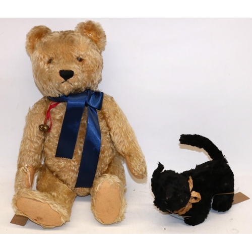 199 - Vintage straw filled squeaky cat soft toy in black mohair, H14cm, and a blonde mohair teddy bear wit... 