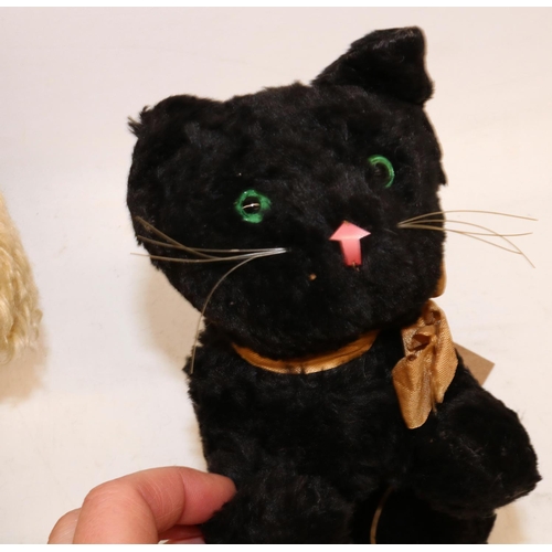 199 - Vintage straw filled squeaky cat soft toy in black mohair, H14cm, and a blonde mohair teddy bear wit... 