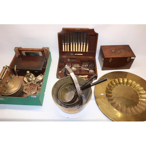 205 - Various metalware incl. a large brass jam pan, three brass saucepans, kettle, trivet; cased EPNS cut... 