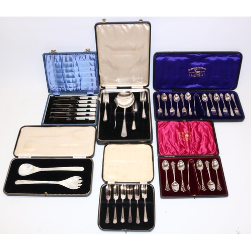 209 - Cased set of mother of pearl salad servers, and five sets of cased cutlery incl. two branded Lockwoo... 