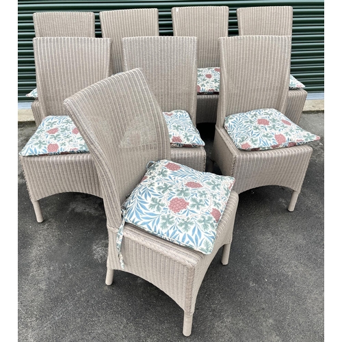 579 - Set of eight Baker Loom woven fibre chairs, green finish with brass makers plaque (8)