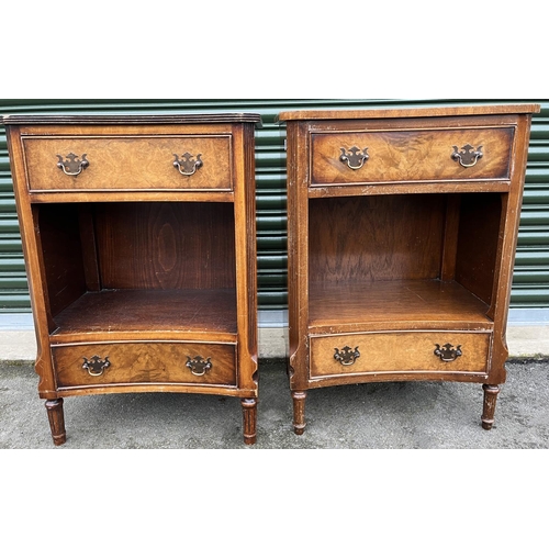 580 - Pair of Bevan Funell Reprodux burr and figured walnut inverted bow front bedside or lamp tables, W51... 