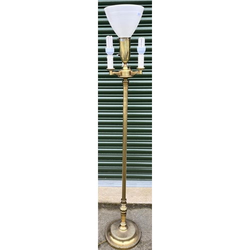 583 - Regency style brass three branch floor lamp, on lobed circular base, H152cm