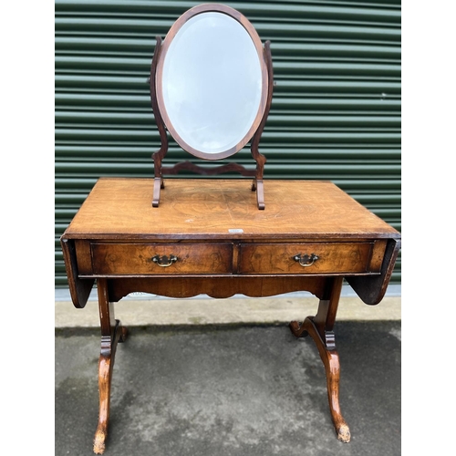 584 - Regency style walnut sofa table, with two leaves and frieze drawers on cabriole legs, W140cm D55cm H... 