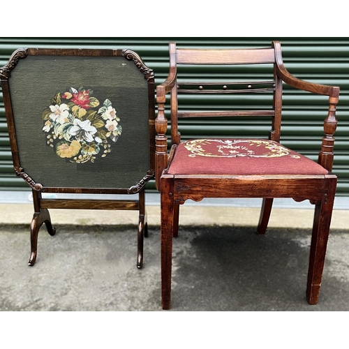 585 - C19th mahogany open elbow chair, on square tapered supports with woolwork drop-in seat, a folding ta... 