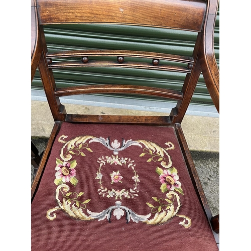 585 - C19th mahogany open elbow chair, on square tapered supports with woolwork drop-in seat, a folding ta... 