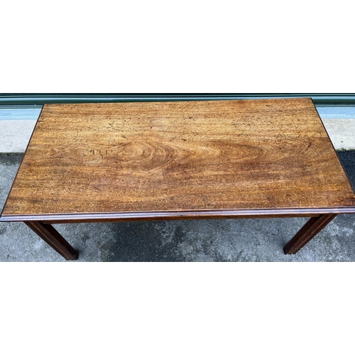 586 - George 111 style mahogany rectangular coffee table, on moulded supports, W102cm D48cm H48cm