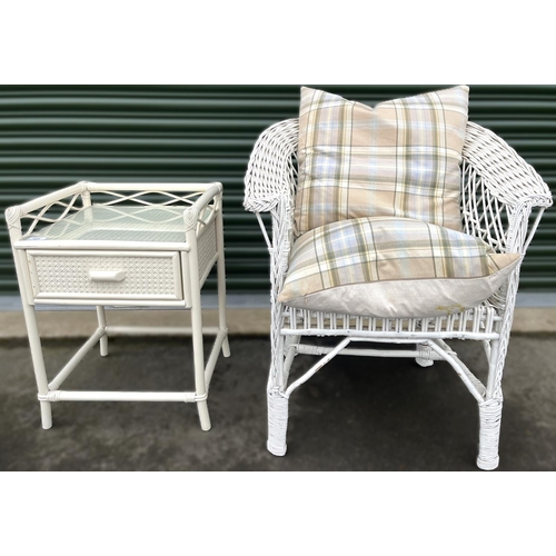 589 - White finish canework conservatory chair, a cream finish single drawer bedside table, a white finish... 