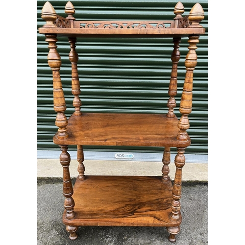 590 - Victorian walnut three-tier what-not with galleried top on mushroom turned feet, W55cm D35cm H106cm ... 