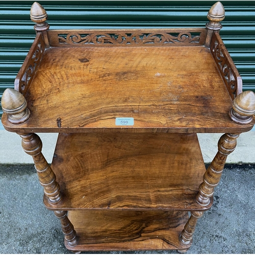 590 - Victorian walnut three-tier what-not with galleried top on mushroom turned feet, W55cm D35cm H106cm ... 