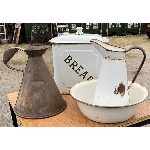 1258 - Kitchenalia items including, enamel bread bin and two water jugs one with bowl (3)