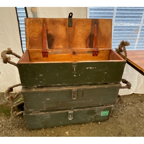 1259 - Three Military ammunition crates with locking hasp & staple and carry handles (3) length 80cm height... 