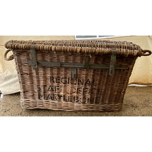 1260 - Large vintage railway wicker trunk with locking bar and carry handles “Regional staff office Maryleb... 