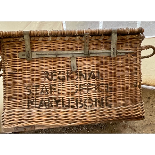 1260 - Large vintage railway wicker trunk with locking bar and carry handles “Regional staff office Maryleb... 