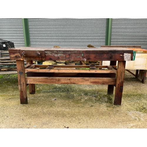 1263 - A large wooden work bench with wooden vice, Length 193 x 56, height 97cm