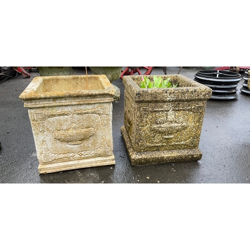 1268 - A pair of reconstituted square planters with Greek swag design 40cm x 40cm