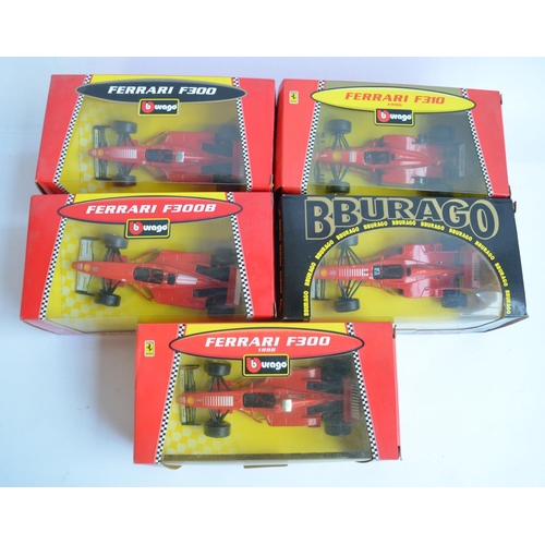 157 - Five 1/24 scale Ferrari Formula 1 racing cars to include F300 1998, F310B etc. All models in mint co... 