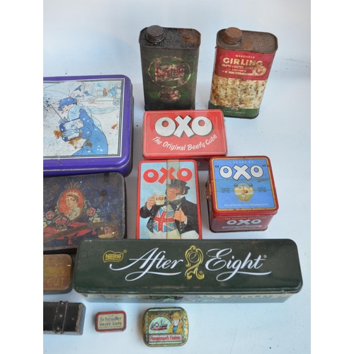 279 - Collection of mostly vintage tins to include Benson's Potato Crisps, OX), Hacks sweets etc, 2 large ... 