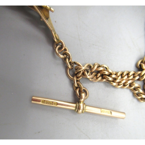 555 - 9ct yellow gold flat curb link albert chain, stamped 375, with 9ct yellow gold masonic pendant, 27.3... 