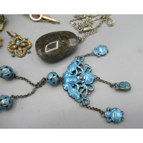 558 - 15ct Victorian drop pendant set with set with seed pearls, stamped 15ct, C19th blue enamel Chinese n... 