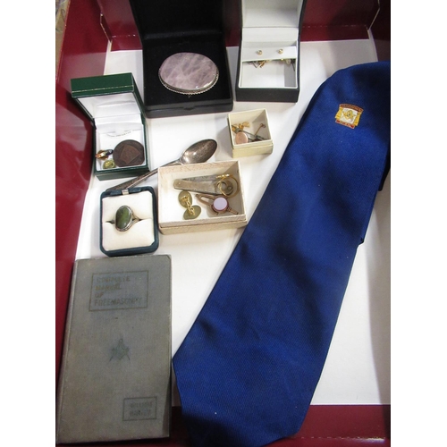 564 - Collection of Masonic related items including a tie embroidered  'St John Crofthead', a yellow metal... 