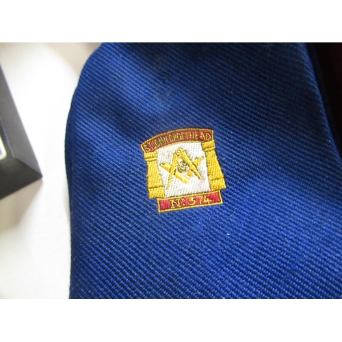 564 - Collection of Masonic related items including a tie embroidered  'St John Crofthead', a yellow metal... 