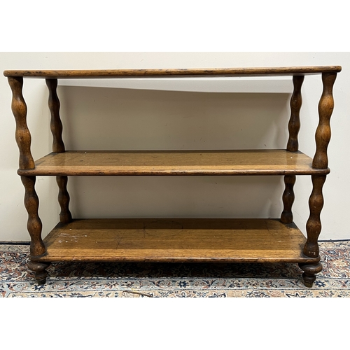 481 - Victorian golden oak three tier buffet, on turned supports, W107dm D35cm H78cm