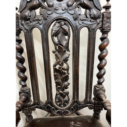 488 - C19th Charles 11 style barley twist carved oak open arm chair, pierced back with brass nailed uphols... 